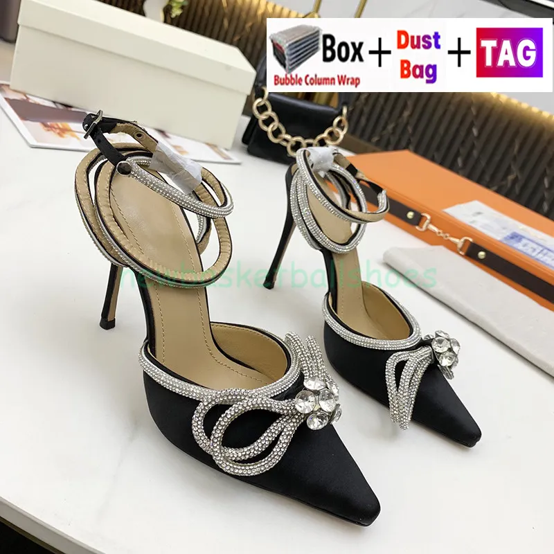 2023 Diseñador Mach Heel Zapatos de vestir para mujer 100 Satén de seda Bombas de cristal con lazo doble Sandalias de tacón alto