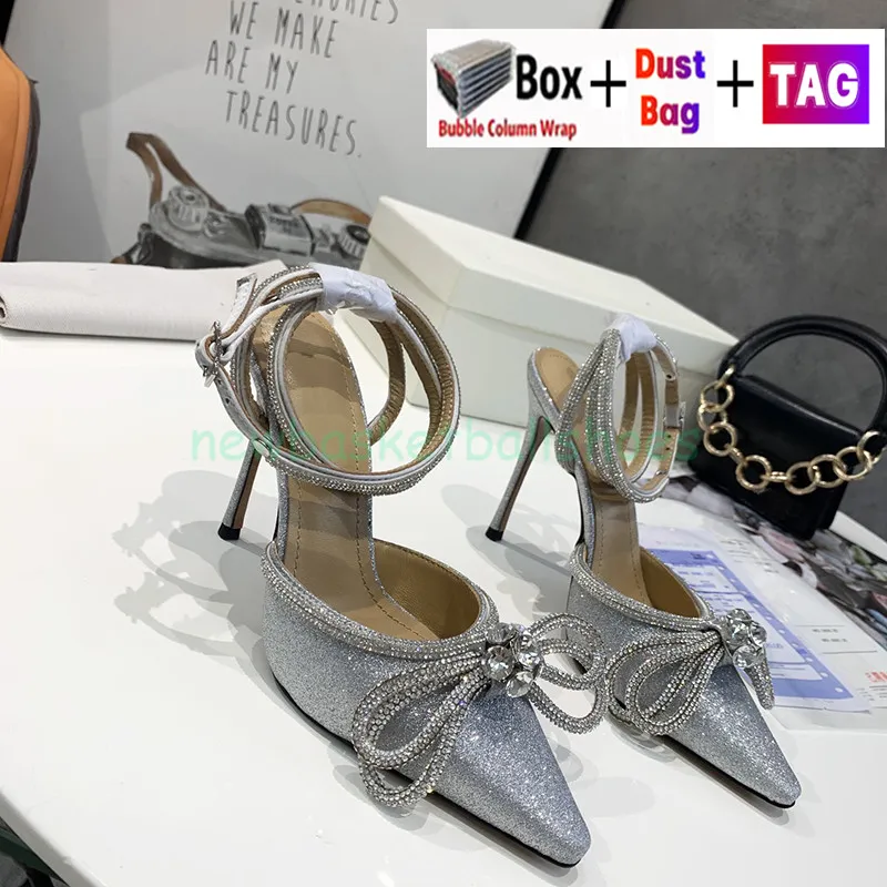 2023 Diseñador Mach Heel Zapatos de vestir para mujer 100 Satén de seda Bombas de cristal con lazo doble Sandalias de tacón alto