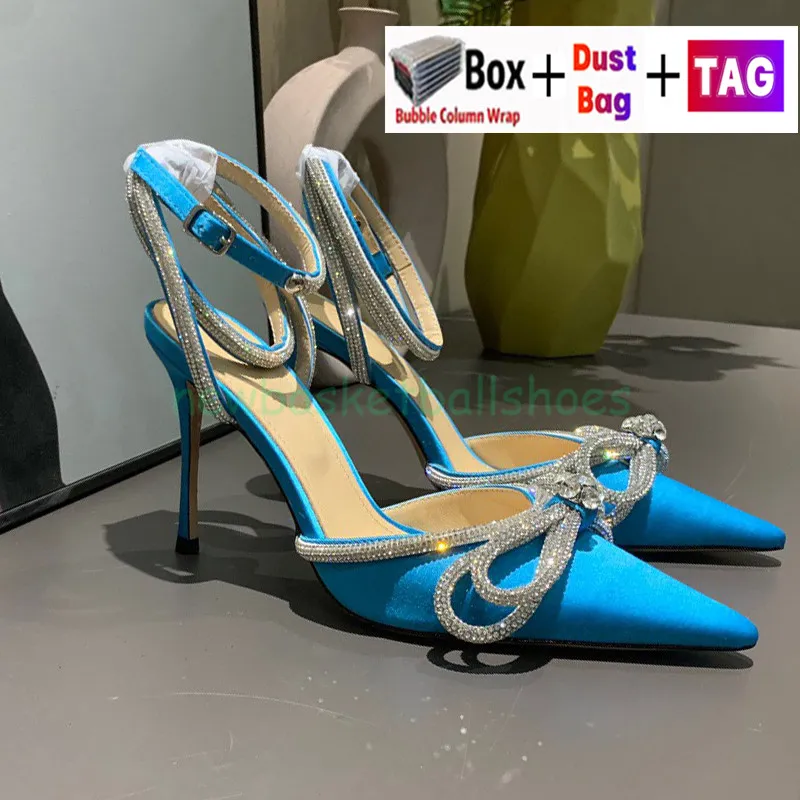 2023 Diseñador Mach Heel Zapatos de vestir para mujer 100 Satén de seda Bombas de cristal con lazo doble Sandalias de tacón alto