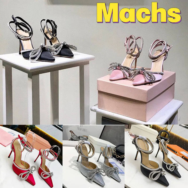 2023 Diseñador Mach Heel Zapatos de vestir para mujer 100 Satén de seda Bombas de cristal con lazo doble Sandalias de tacón alto