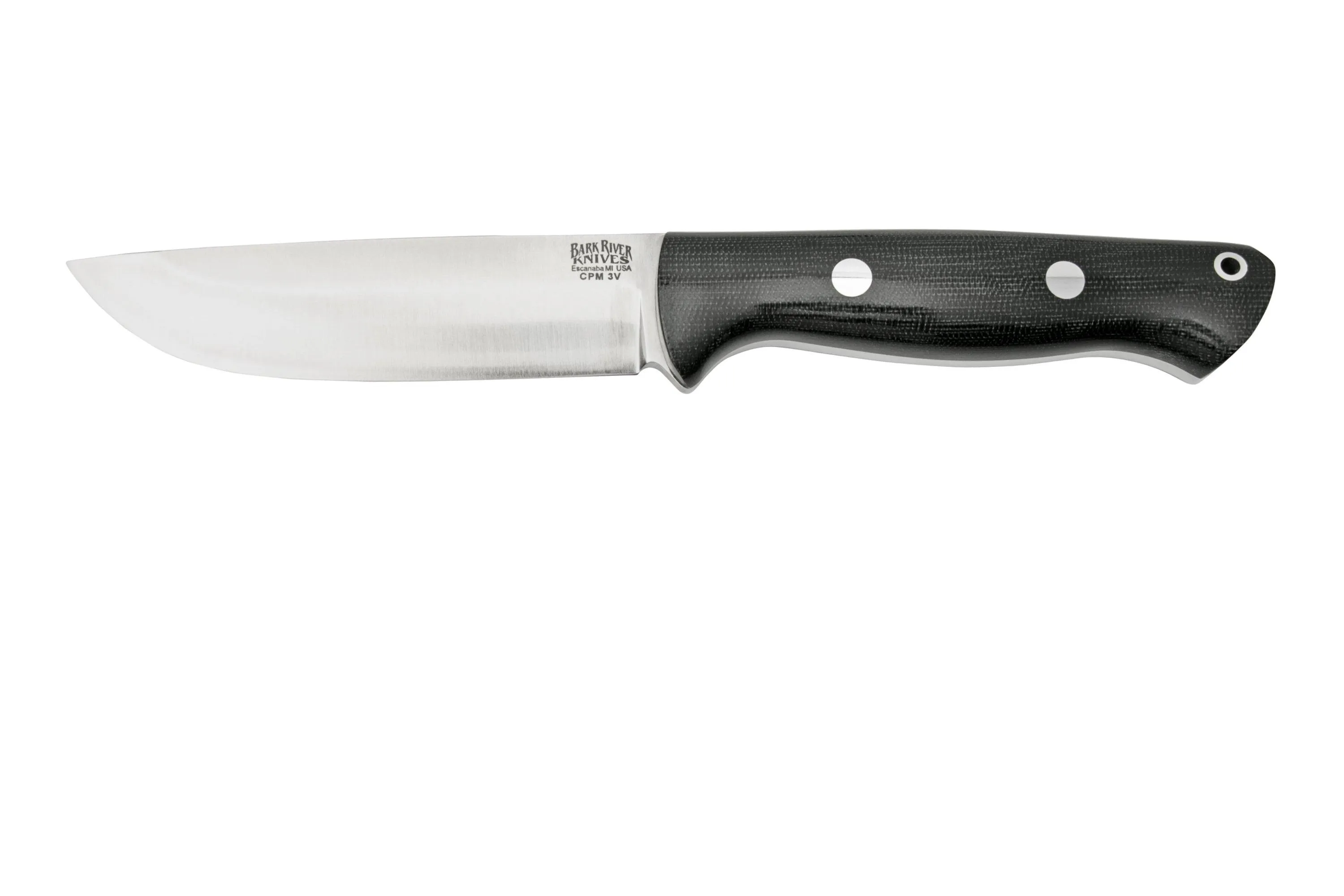 Bark River Bravo 1.2 CPM 3V Rampless, Black Canvas Micarta, funda marrón