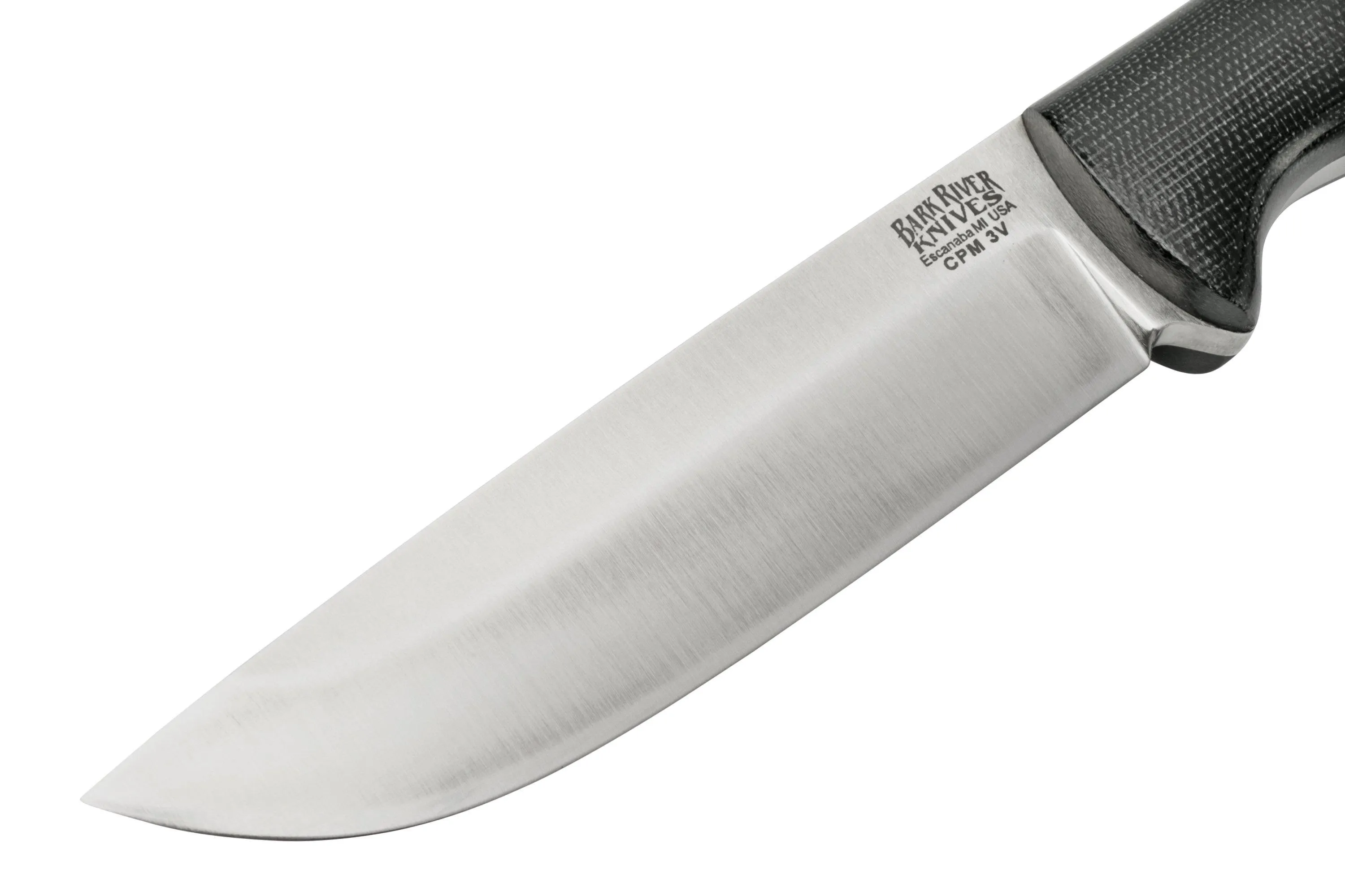 Bark River Bravo 1.2 CPM 3V Rampless, Black Canvas Micarta, funda marrón