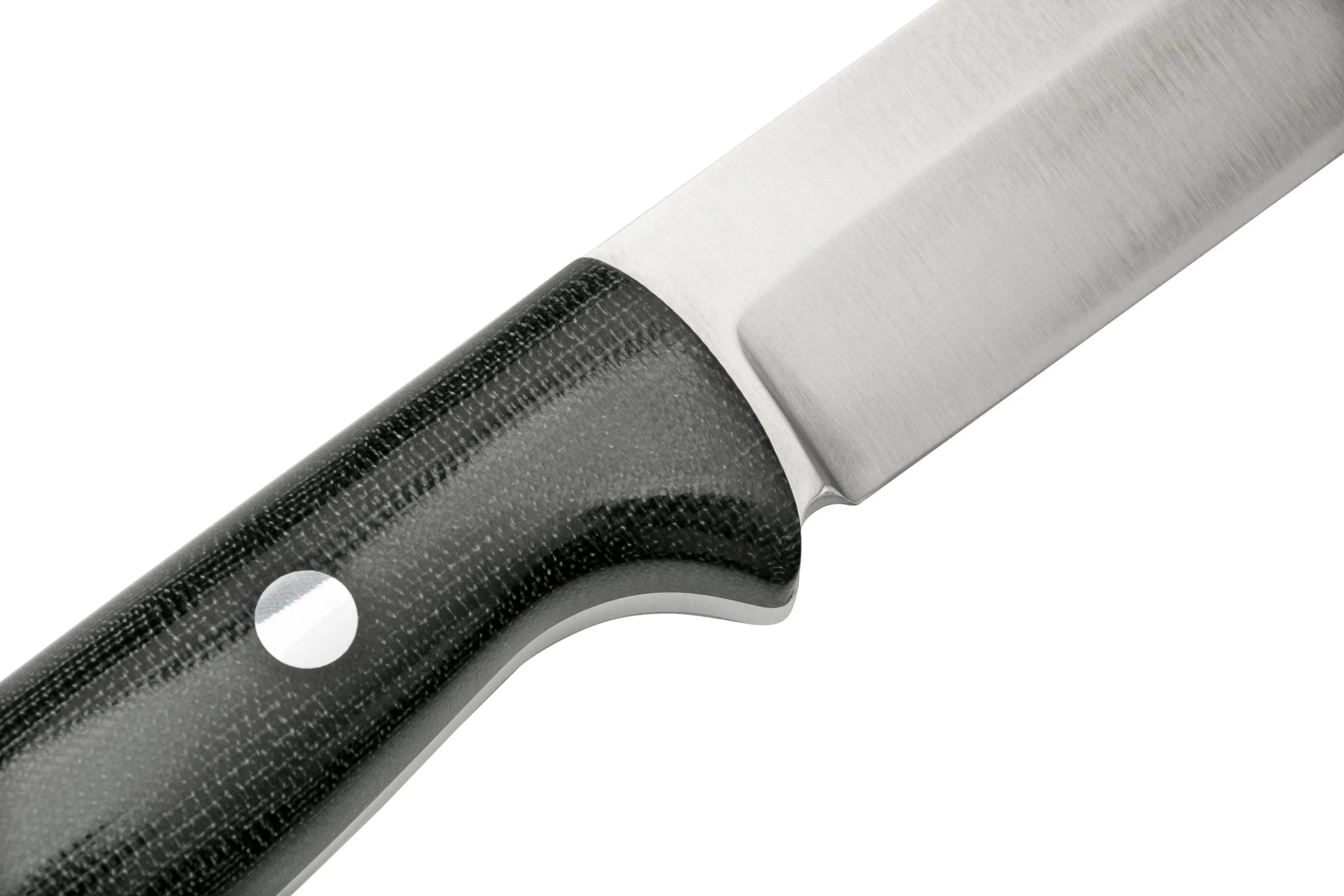 Bark River Bravo 1.2 CPM 3V Rampless, Black Canvas Micarta, funda marrón