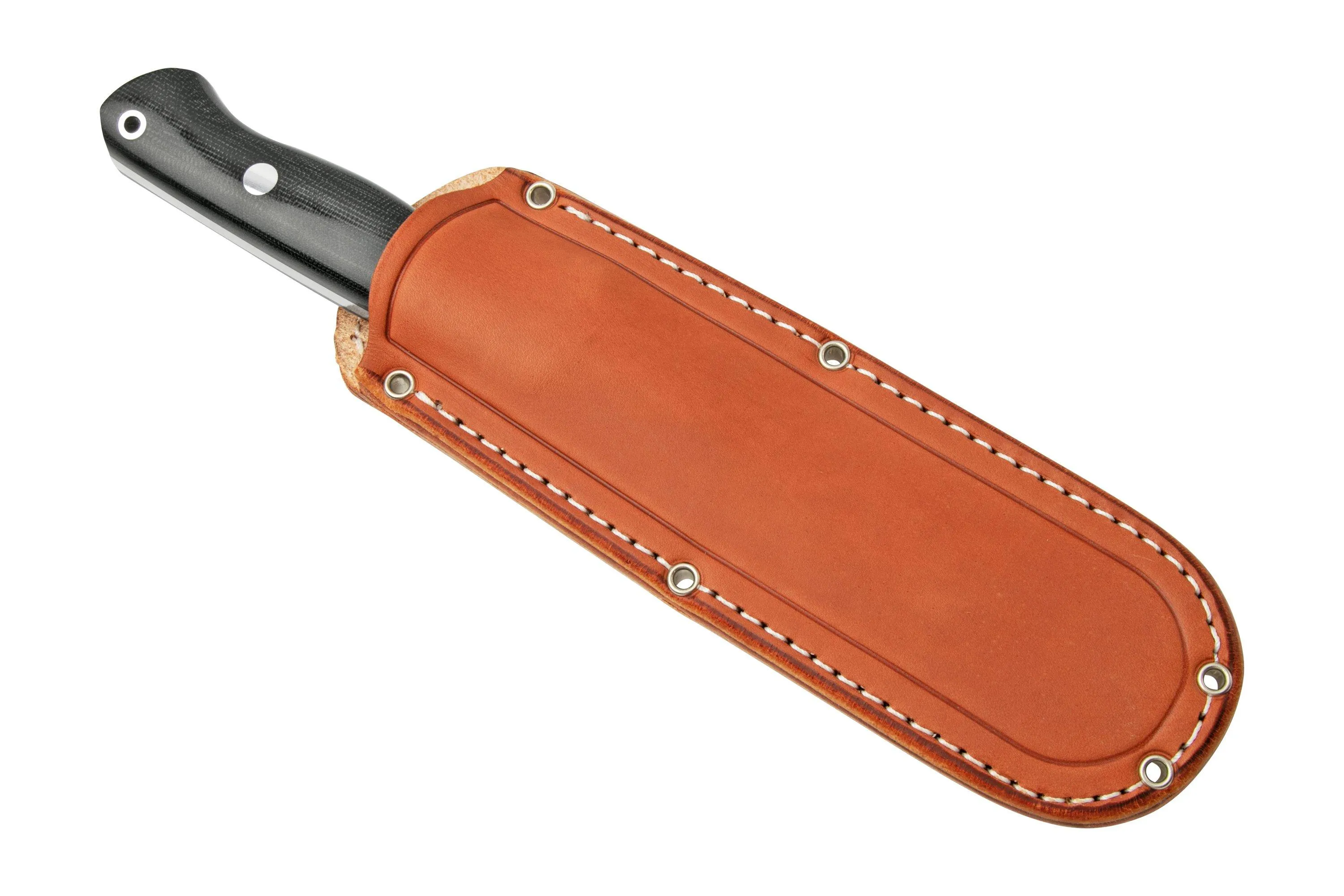 Bark River Bravo 1.2 CPM 3V Rampless, Black Canvas Micarta, funda marrón