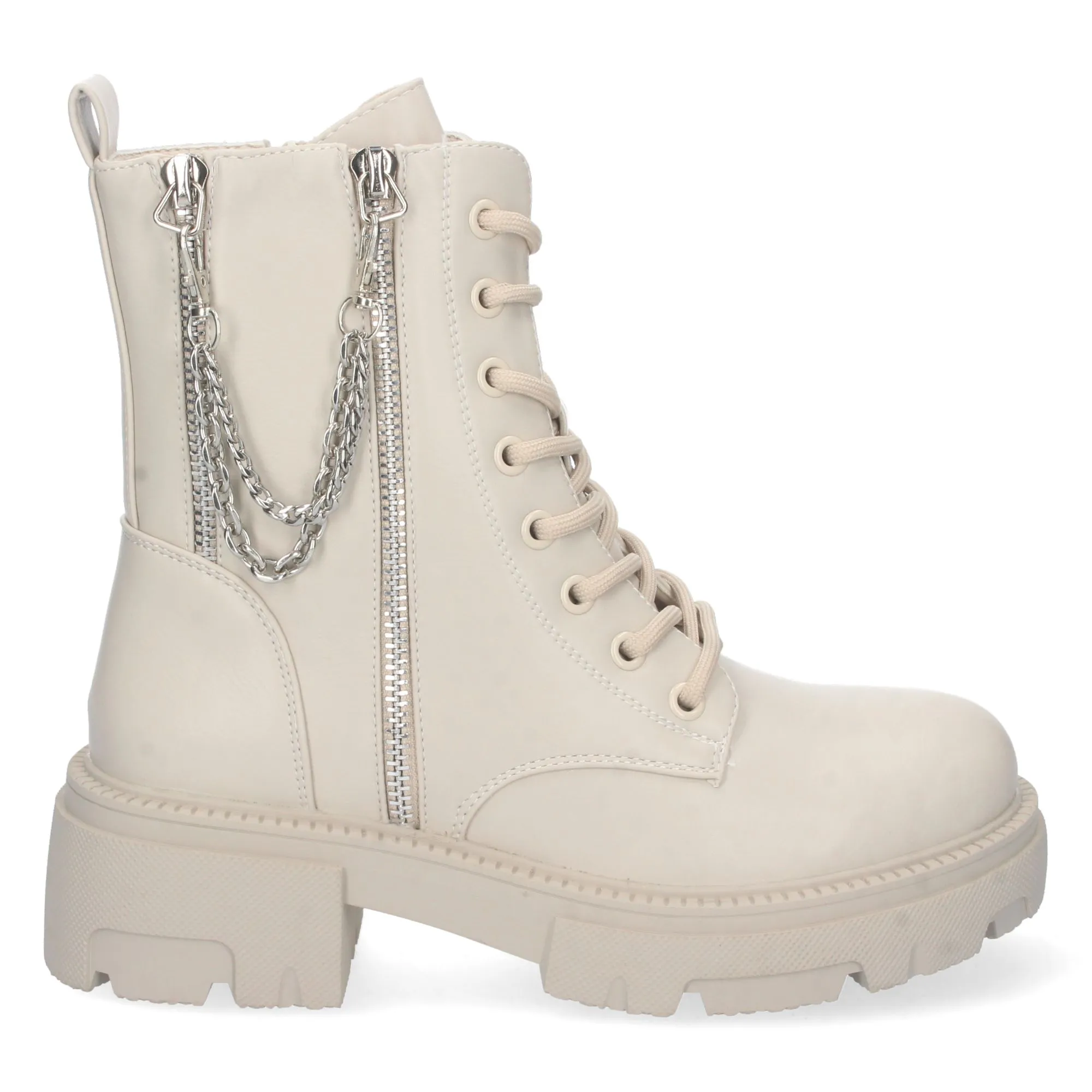 Botin militar con cordones y cremallera detalle cadena mujer beige