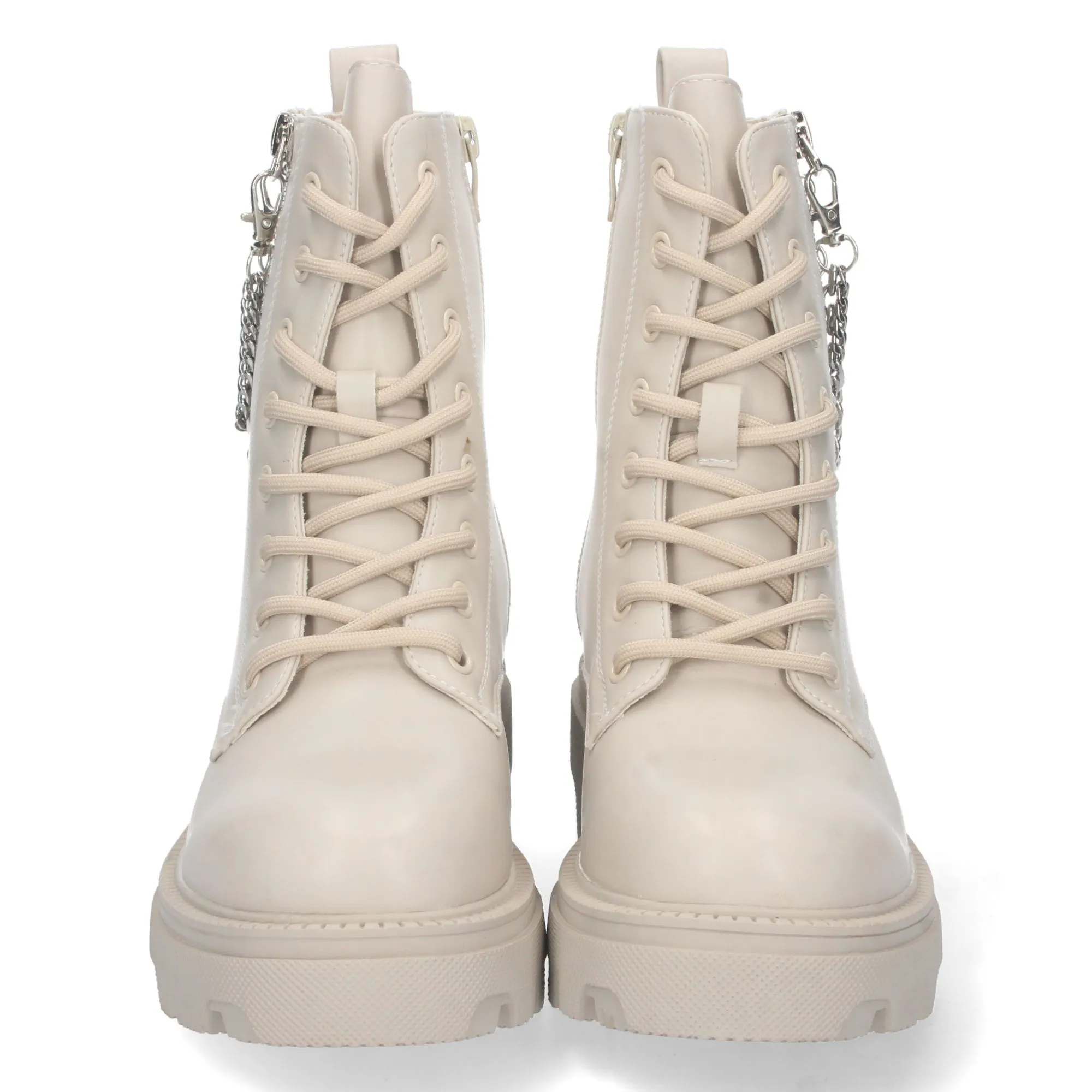Botin militar con cordones y cremallera detalle cadena mujer beige