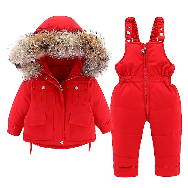 Boys Girls Snowsuit, Winter Outfit Sets Kids Hooded Fur Down Jacket