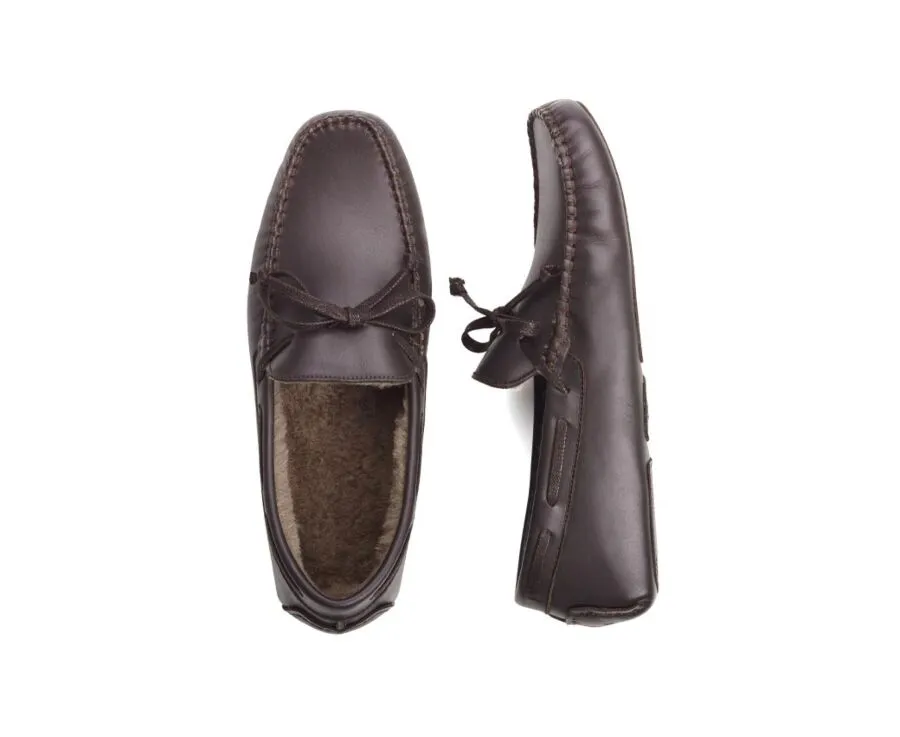 Chocolate leather Wool Lining Moccasin slippers