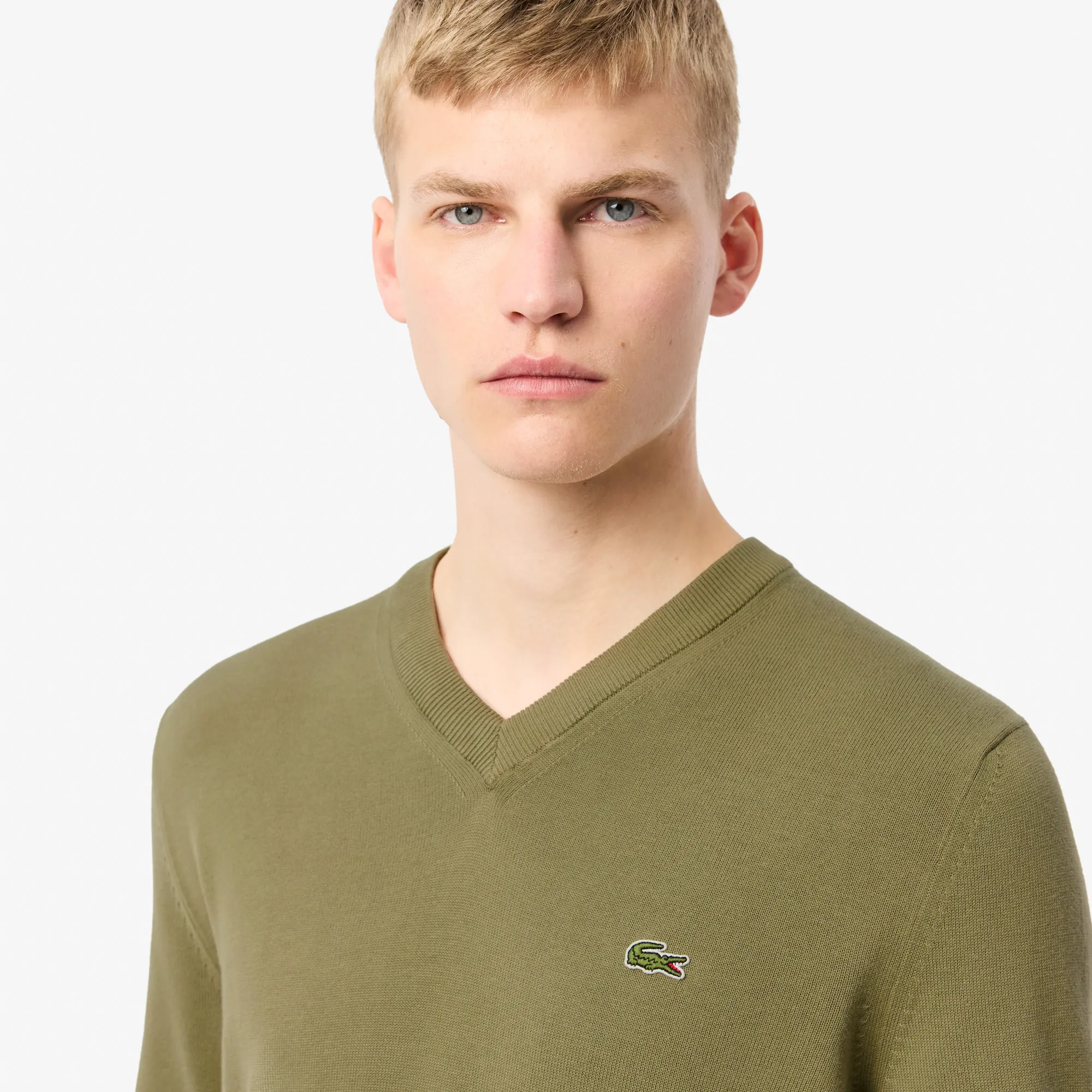 LACOSTE ORGANIC COTTON VNECK SWEATER KHAKI