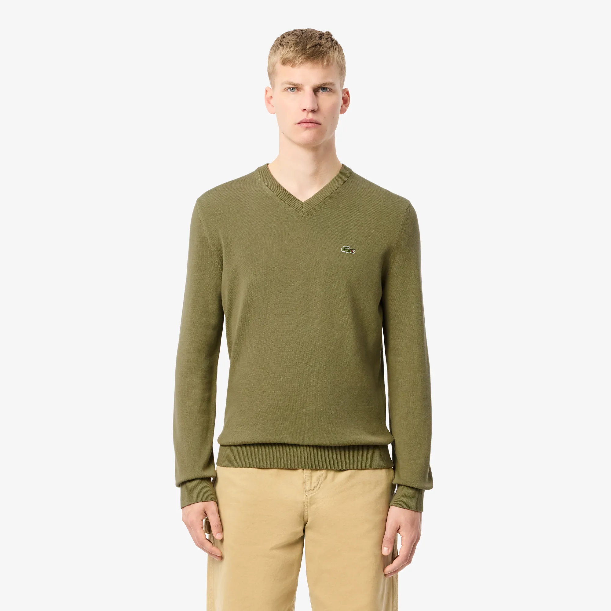 LACOSTE ORGANIC COTTON VNECK SWEATER KHAKI