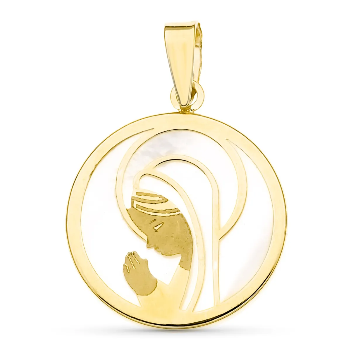 Medalla Oro 18k Virgen Niña y Nacar