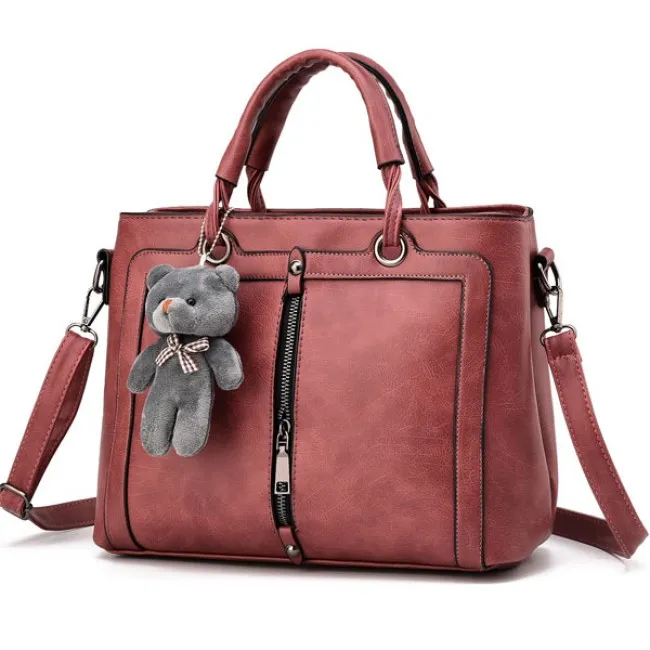 Retro Solid Color Zipper Shoulder Messenger Bag Bear Handbag