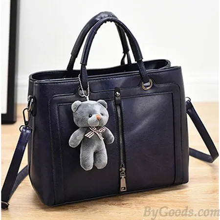 Retro Solid Color Zipper Shoulder Messenger Bag Bear Handbag