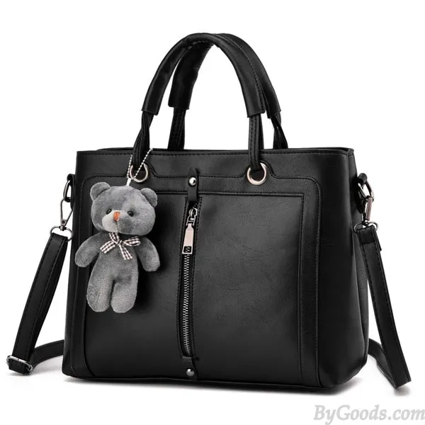 Retro Solid Color Zipper Shoulder Messenger Bag Bear Handbag