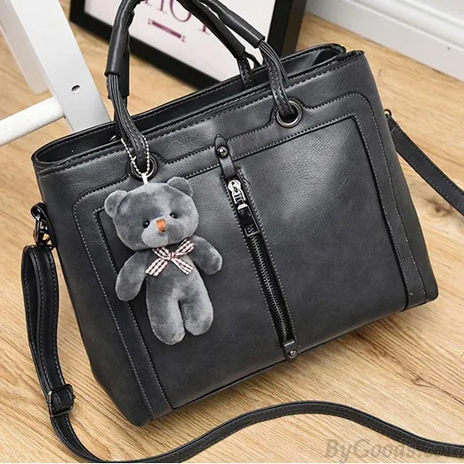 Retro Solid Color Zipper Shoulder Messenger Bag Bear Handbag