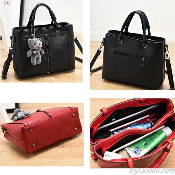 Retro Solid Color Zipper Shoulder Messenger Bag Bear Handbag