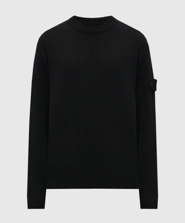 Stone Island Black wool sweater with logo patch