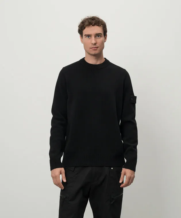 Stone Island Black wool sweater with logo patch